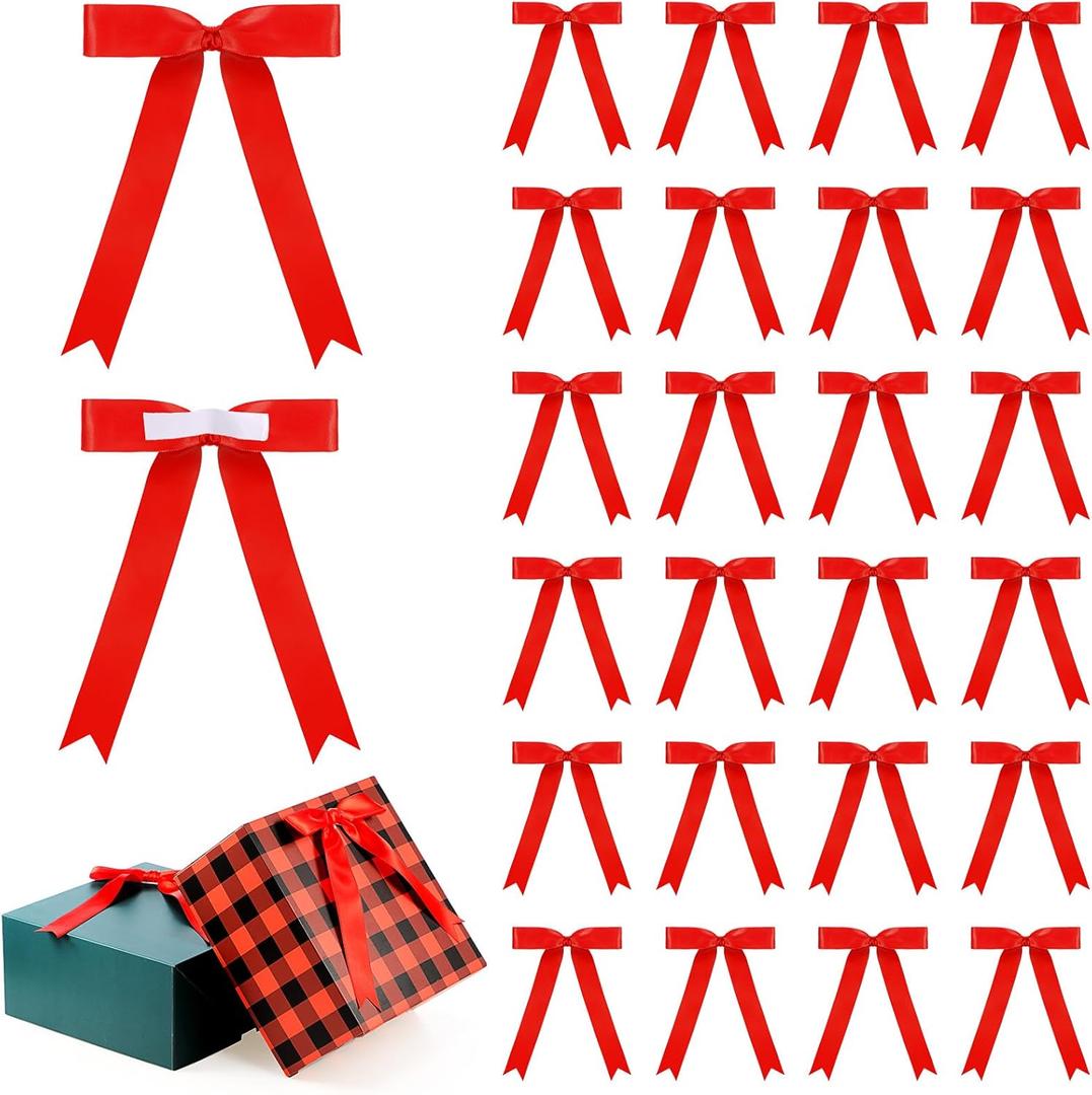 Riceshoot 24 Pcs Satin Ribbon Bows 5x7'' Self Adhesive Stick On Premade Satin Bows with Double Sided Tape for Gift Wrapping Crafts Wedding Christmas Birthday Balloons(Red,1 Inch Wide)