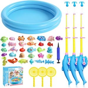 Magnetic Fishing Pool Toys Game for Kids 3-5 Fishing Water Table Bathtub Toy with Colorful Inflatable Pool Pole Rod Net Plastic Floating Fish Toys for Kids Age 3 4 5 6 7 8 Year Old
