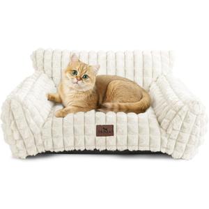 Cat Beds for Indoor Cats - Cute Cat Couch Bed Fluffy Pet Sofa with Faux Rabbit Fur Washable Cover, Fuzzy Pet Couch in 3D Diamond Pattern, Suppportive Large & Small Cats Sofa, 24inch Off White