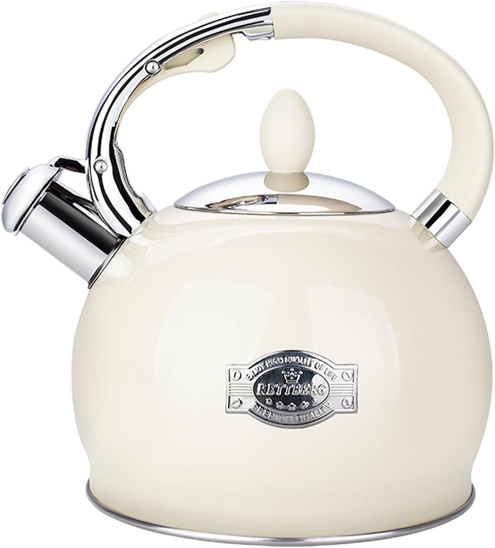 Tea Kettle for Stovetop Induction Whistling Tea Kettles 2.64 Quart Retro Food Grade Stainless Steel Teapots with Cool Touch Handle Cream