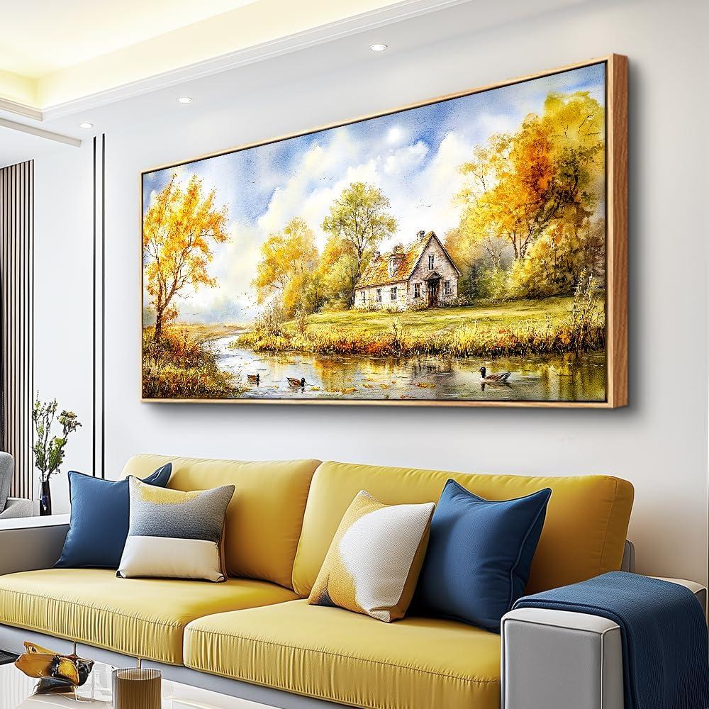 ERQINHUA Canvas Wall Art For Living Room Farmhouse Dining Room Home Wall Decor For Bedroom Office Wall Decoration Yellow Pastoral Creek Landscape Painting Wood Frame Prints Pictures Artwork 20"x40"