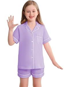 Veseacky Night Wear for Girls Cotton Comfort Two Piece Pajamas Short Sleeved Young Kids Pjs for Ages 5-14 (Purple, 120)