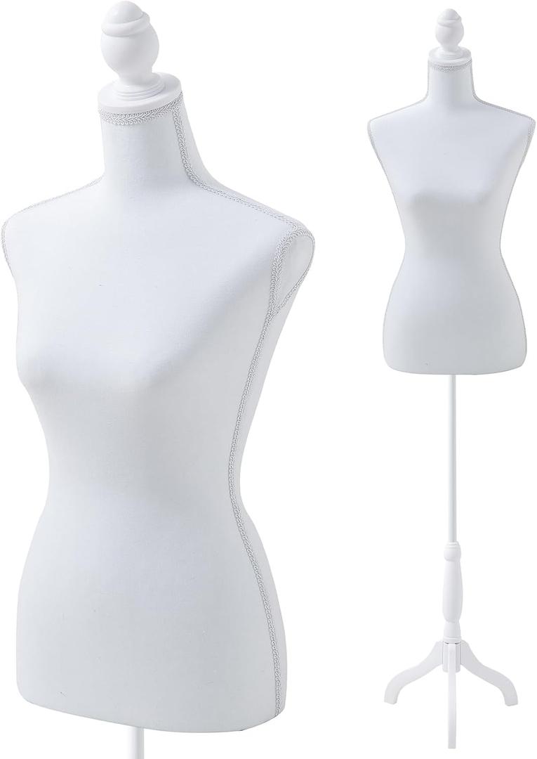 Manikin 49.6”-63.4”Height Adjustable Female Dress Model Display Torso Body Wooden Tripod Stand Clothing Forms High Density Foam Portable Display Mannequin (White), Black
