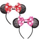 2 Pcs Mouse Ears Sequin Headbands for Women, Mouse Ears Bows Headbands for Princess Decoration Cosplay Birthday Christmas Party (Polka Dot x2)