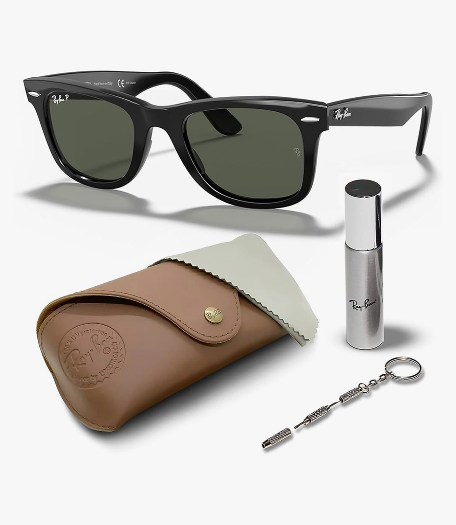 Ray-Ban RB2140 Original Wayfarer Classic Polarized Square Shape Sunglasses With Eyewear Kit Bundle - High Bridge Fit - Formal and Casual Wear Square Sunglasses
