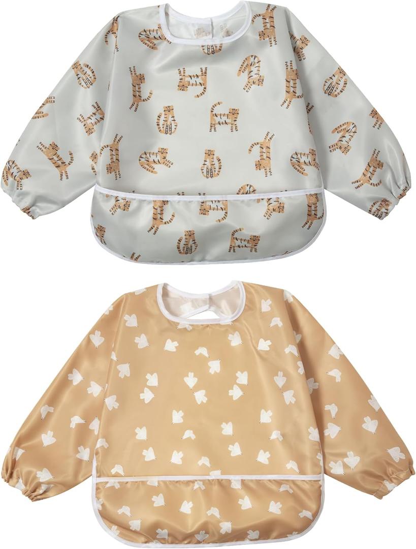 Little Dimsum Baby Bib with Pocket Waterproof Toddler Bibs Infant Feeding Bibs for Boys and Girls, Pack of 2 Colors, 6-36M