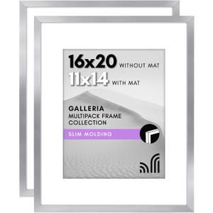 Americanflat 16x20 Picture Frame with Polished Plexiglass - Set of 2 - Use as 11x14 Frame with Mat or Display 16x20 Photo Without Mat - Galleria Collection - Picture Frames for Wall Display - Silver