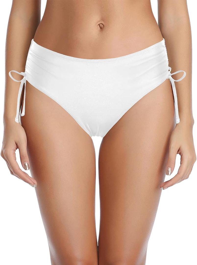 Tempt Me Women Bikini Bottoms Side Tie Adjustable Bathing Suit Swimsuit Full Coverage Swim Bottom (X-Small, White)