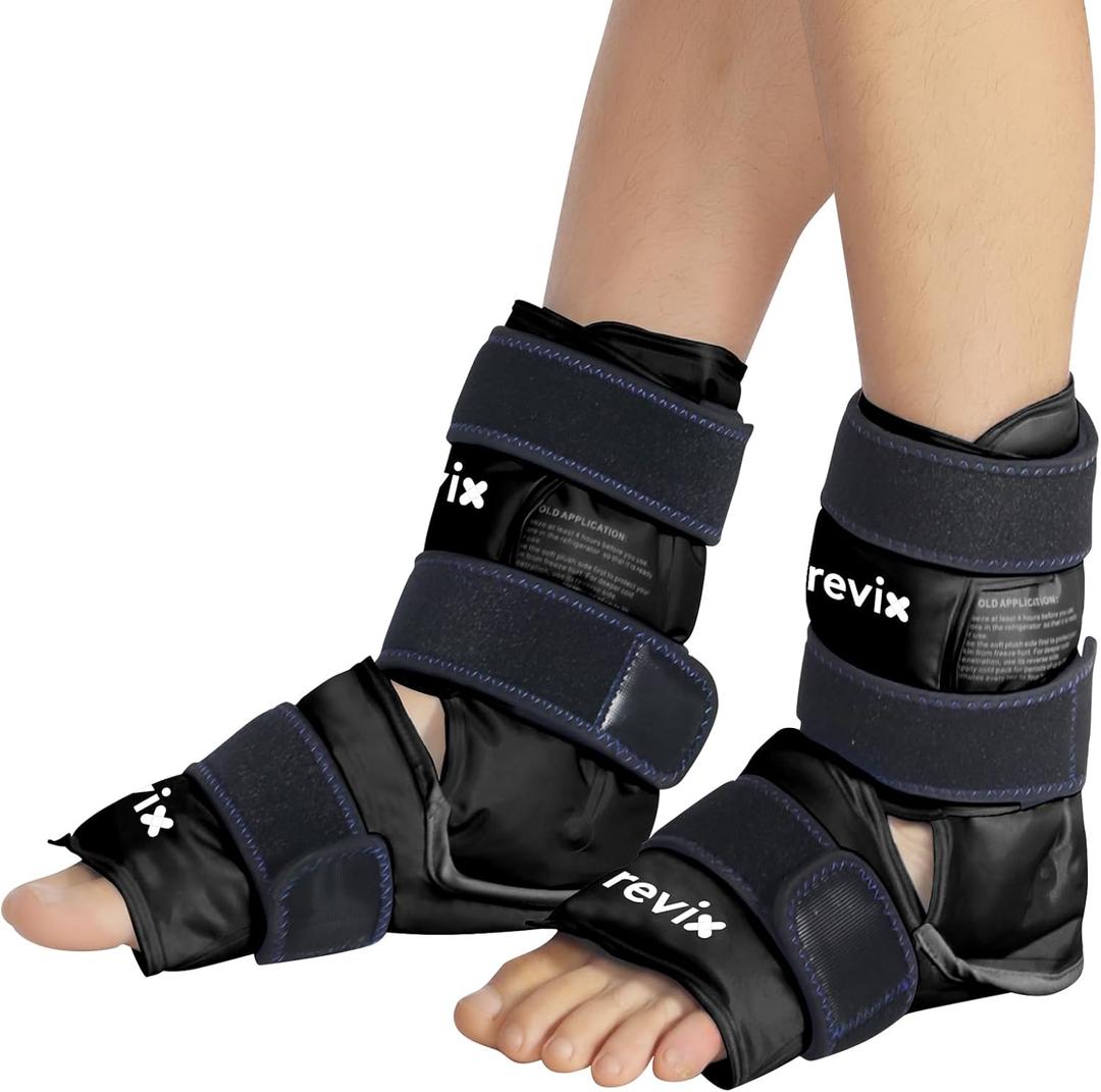 REVIX Ice Packs for Ankle Injuries Reusable, Ankle Ice Wrap with Cold Compression for Feet Pain Relief, Plantar Fasciitis and Achilles Tendonitis, Soft Plush Lining, 2 Packs, Black