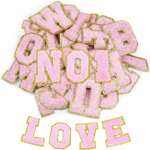 62 Pcs Self Adhesive Chenille Patches Pink Iron on Letters and Numbers Embroidered Patch for Clothes,Hats,Bags,Backpacks,Shoes (Pink)