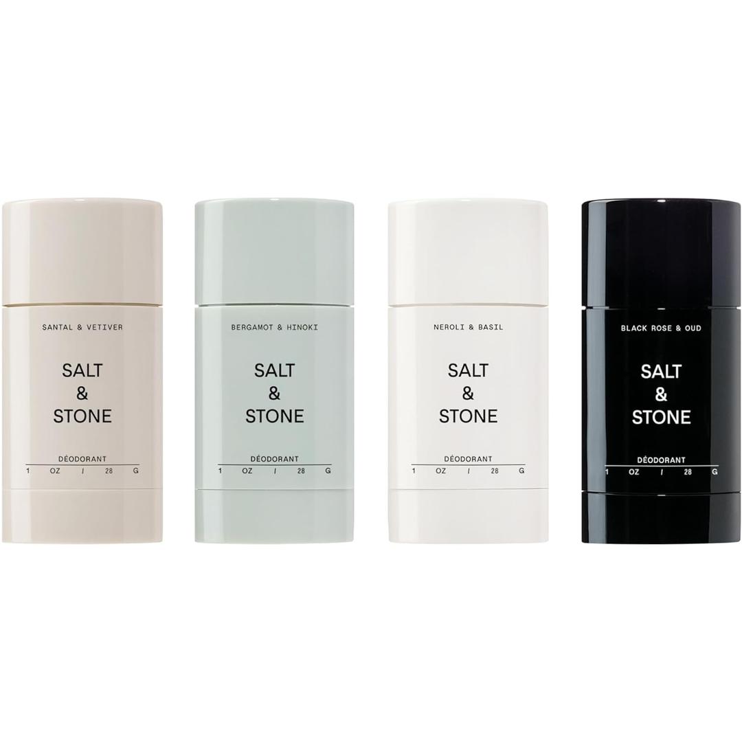 Salt & Stone Aluminum Free Deodorant | Extra Strength 48 Hour Protection for Women & Men | Made with Seaweed Extracts, Niacinamide & Prebiotics | Mini Deodorant Discovery Set (1 Ounce (Pack of 4))