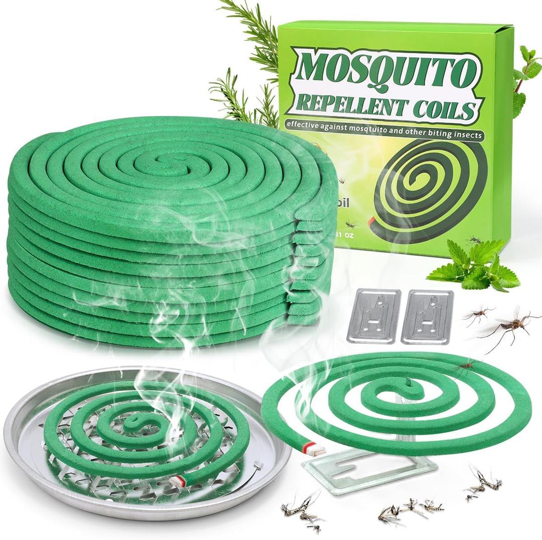 20 Pack Natural Mosquito Repellent Coils, Plant-Based Cintronella Long-Lasting Protection, DEET-Free Mosquito Repellent, Safe for Patio, Camping, Backyard, and Poolside Use, 1 Holder 2 Stands (Green)