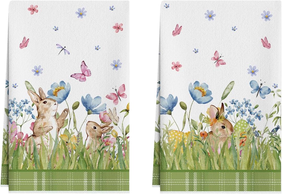 XCHI Watercolor Cute Bunny Eggs Grass Flowers Rabbits Easter Kitchen Towels Dish Towels 18x26 Inch Home Kitchen Decorations Hand Towels Set of 2 Drying Dishcloth