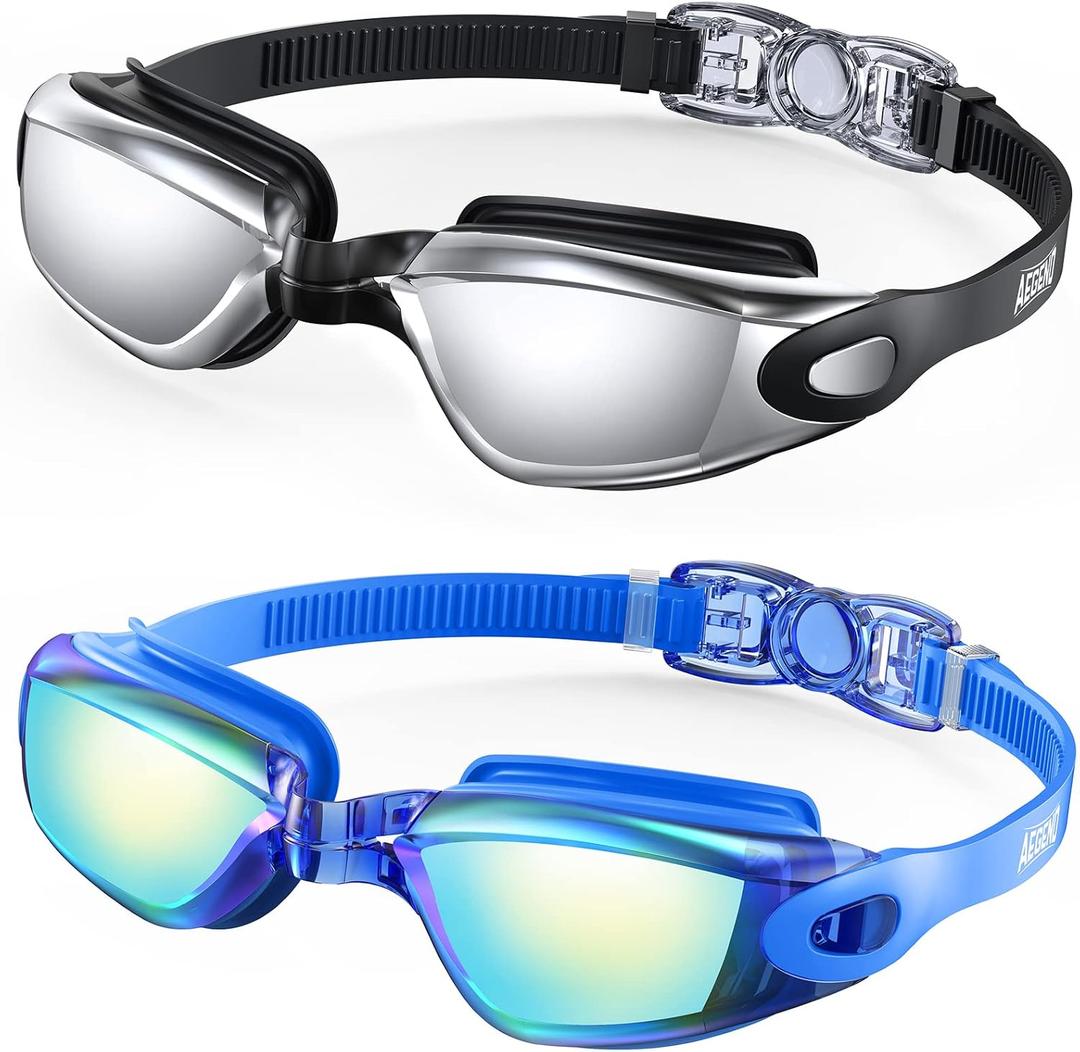 Aegend Swim Goggles, 2 Pack Swimming Goggles No Leaking Adult Men Women Youth (Bright Blue & Sliver)