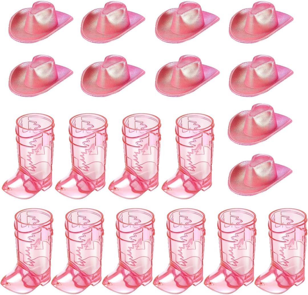 Artlunar Mini Pink Cowgirl Boots Shot Glasses with Pink Hat - Plastic Cute Shot Glasses for Women Western Cowgirl Party Favors