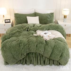 Andency Faux Fur Sage Green Comforter Set King Size, 3 Pieces Fluffy Fuzzy Plush Bedding Comforter Set (1 Shaggy Velvet Comforter & 2 Pillowcases), Soft Puffy Comfy Down Comforter Bedding Set
