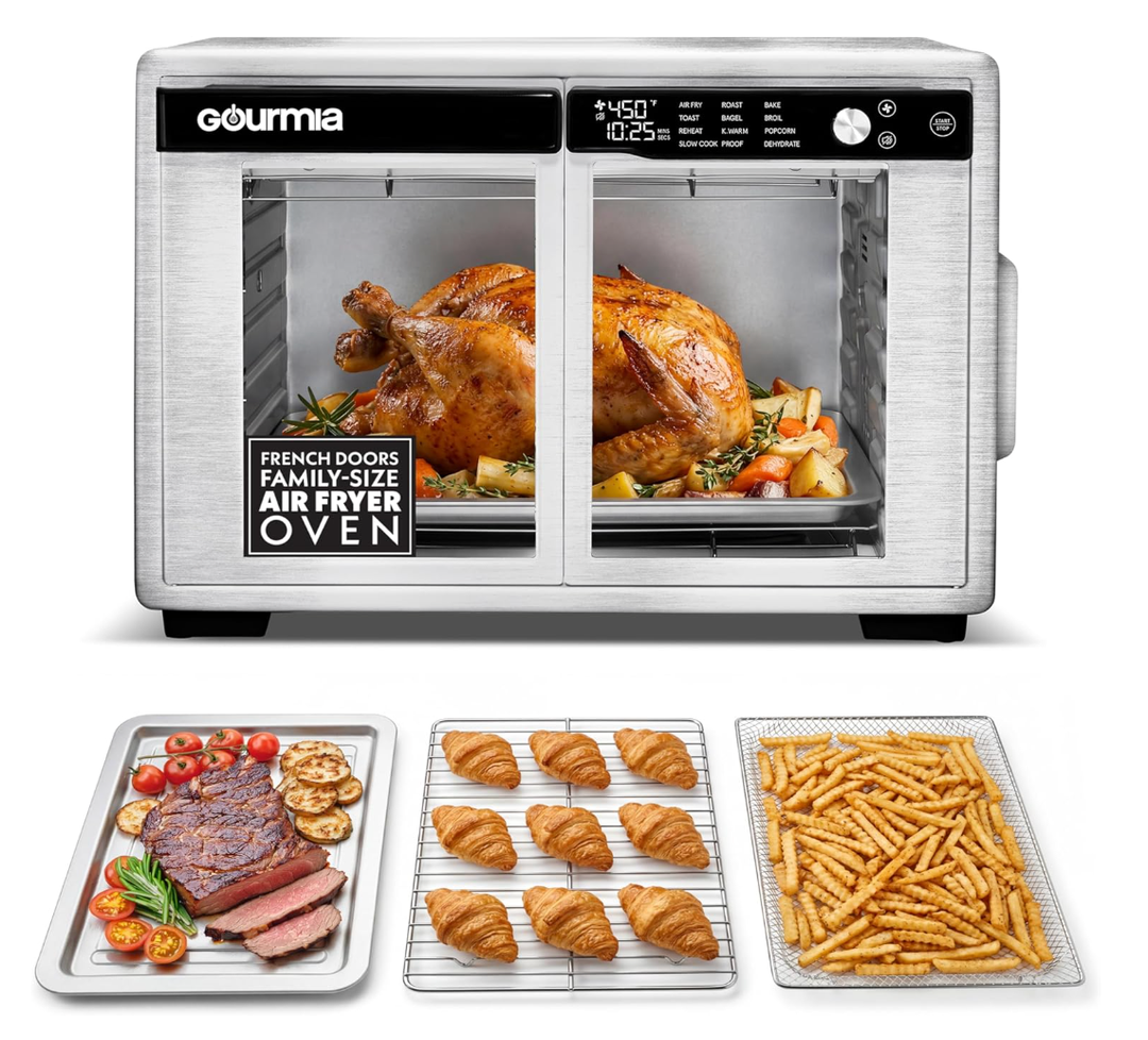 Gourmia French Door Air Fryer 25 Qt Large Capacity Convection Oven, Fryforce 360, Digital Display with 17 Cooking Presets, Bake, Toast, Roast, Dehydrate, Fits 12 Pizza