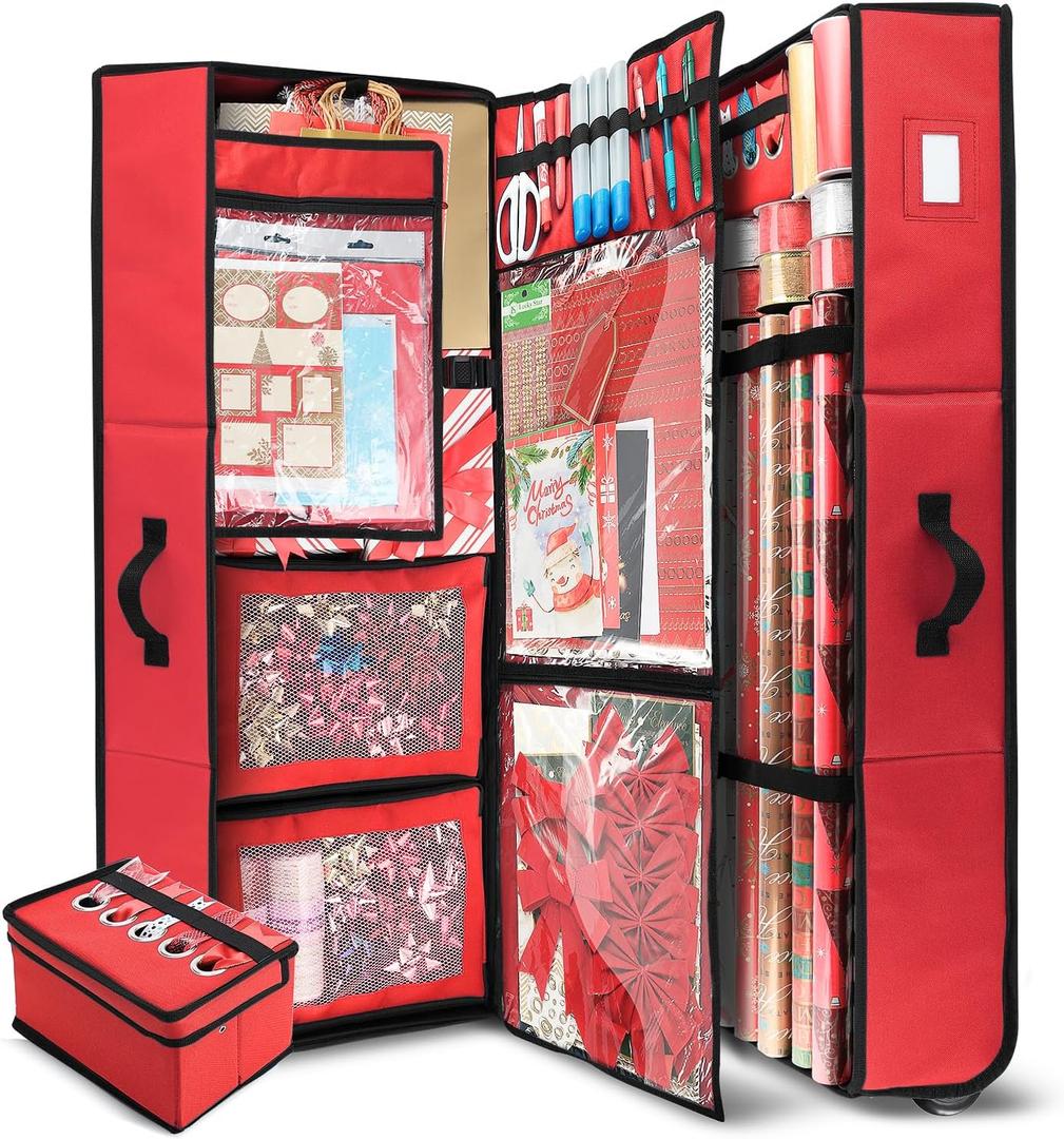 Hearth & Harbor Wrapping Paper Storage Container with Ribbon Dispenser and Interior Pockets - Large Christmas Storage Containers with Wheels, Fits 30 Rolls of 40" Length, Red