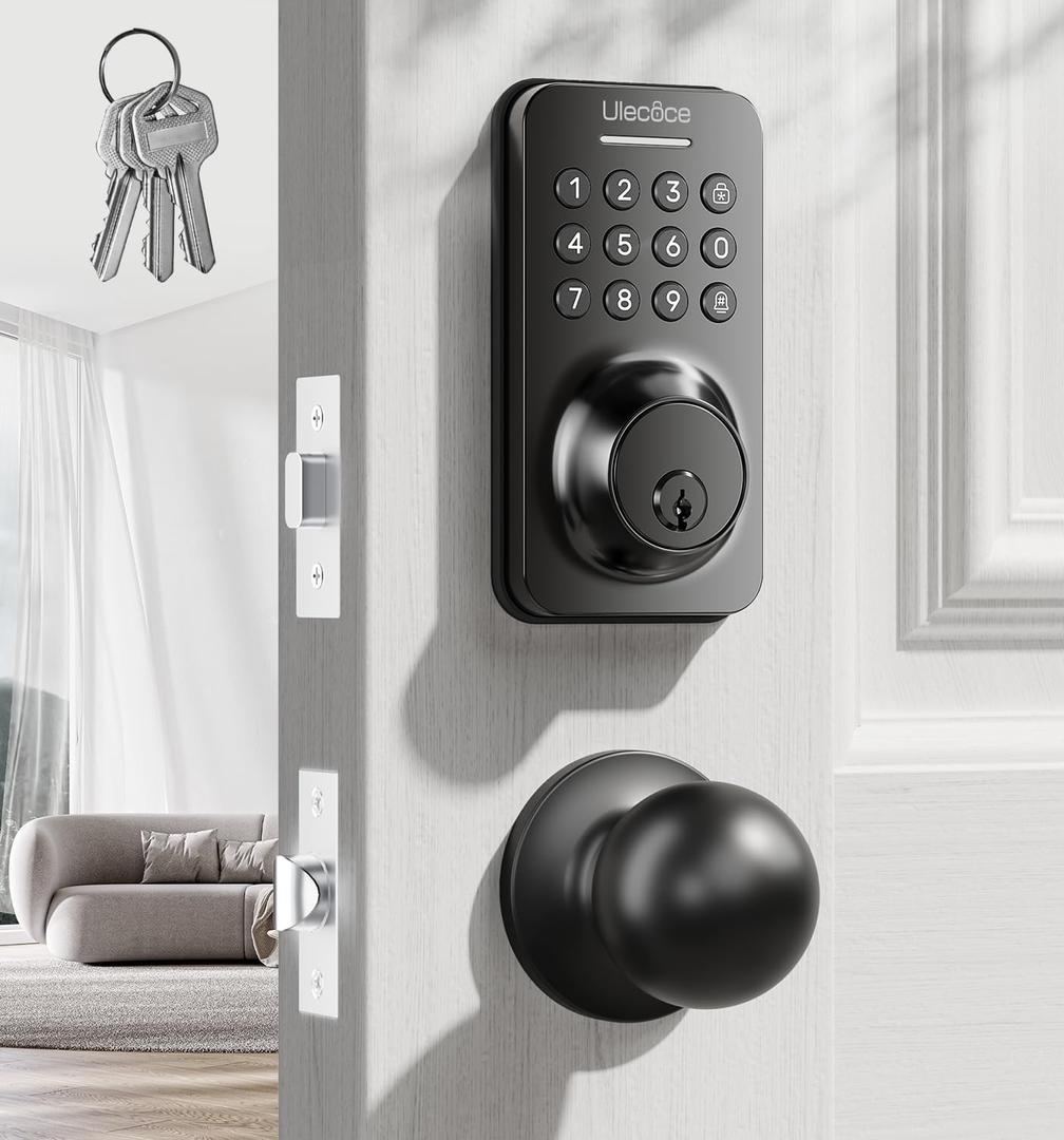 Keyless Entry Keypad Deadbolt with Handle Set, Smart Lock, Auto-Lock + One-Touch Lock, 100 Codes + 15-Min Easy Install, Ideal for Airbnb/Homes/Offices, Fits U.S. Standard Front Doors, Black