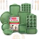 BAKKEN Kitchen Baking Pan Set - Nonstick Green Marble Coating, Carbon Steel Bakeware Sets with Green Silicone Handles, Kitchen Essentials, PFOA, PFOS, PTFE Free, Oven Safe (Up To 450 F), Set of 18