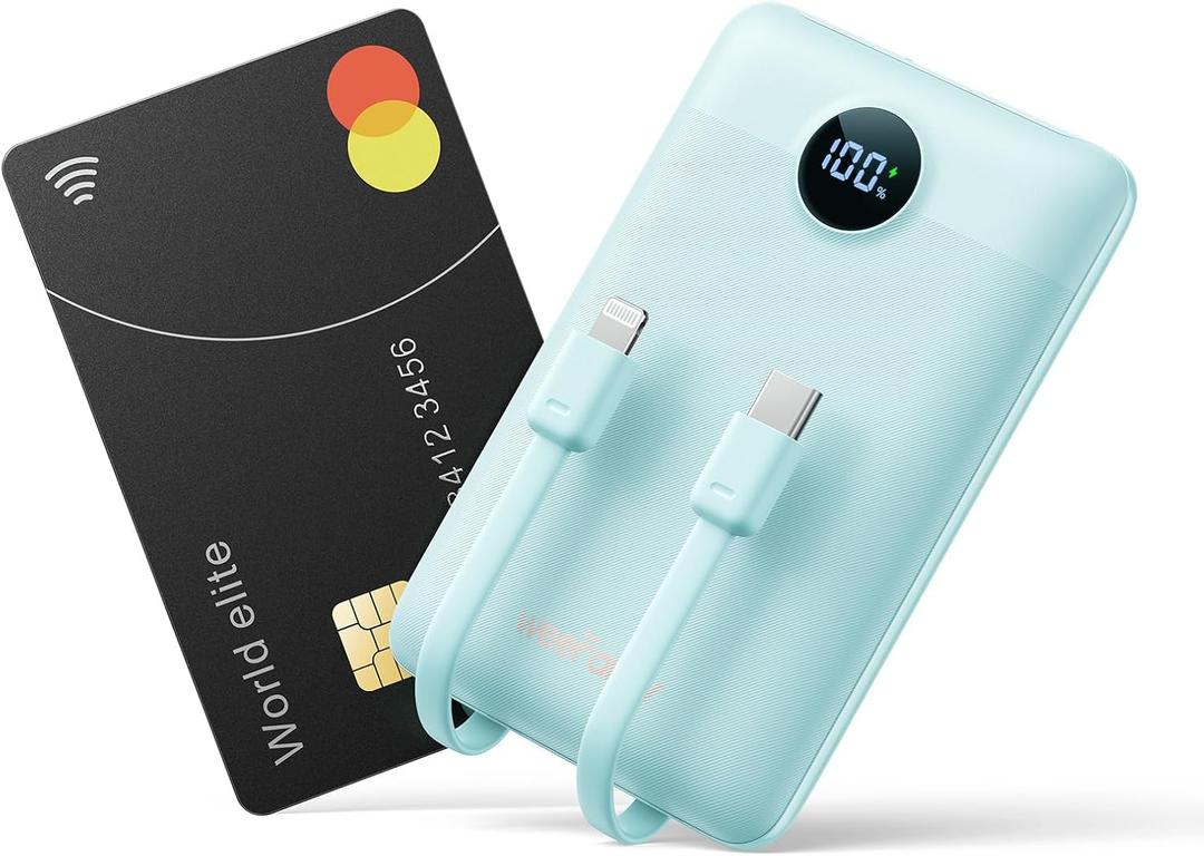 Mini Portable Charger with Built-in Cables 22.5W Fast Charging Power Bank USB-C Small Battery Pack 10000mAh Travel Essential Slim Battery for iPhone, Samsung, Android, and More (Blue)