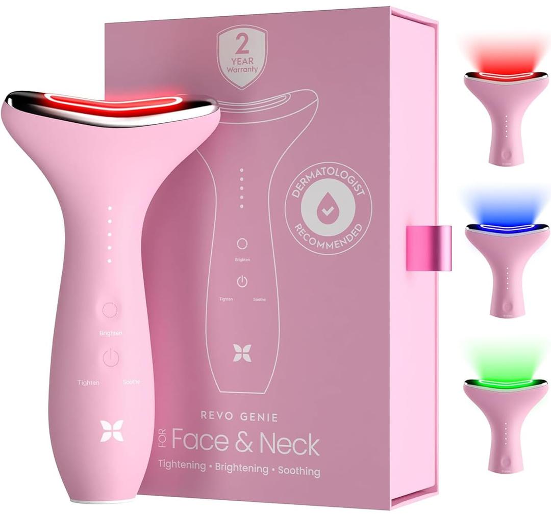 REVO Genie Facial Massager for Face and Neck, LED Face Lift Device with Heat & Vibration, Lymphatic Drainage Depuffing Tool, Red Blue Green Light Therapy for Skin Tightening & Skincare Absorption (Pink Pearl)