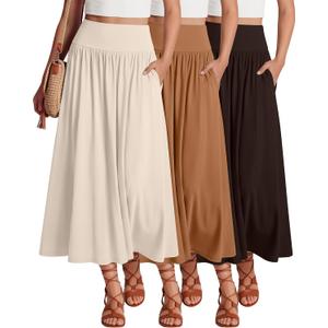 Ficerd 3 Pack Maxi Long Skirts for Women | Ankle Length, High Waisted, Pleated, Flowy, a Line, Summer, Casual Skirts, with Pockets, Vacation, Work, Daily Wear, Soft