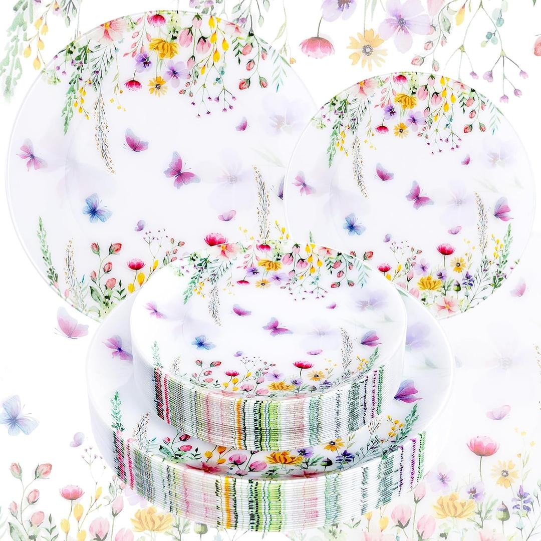 60PCS Wildflower Plates Disposable - Floral Plastic Plate - Colorful Spring Party Plate Decorative Include 30 Dinner & 30 Dessert Plates for Bridal Shower Birthday Tea Party