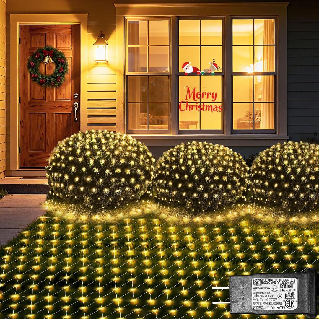 Lovelite 120 LED Christmas Net Lights, 5ft x 5ft Mesh Lights Outdoor 8 Modes Timer, Waterproof Connectable String Lights Clear Wire Plug in for Bushes Lawns Garden Holiday Wedding Party - Warm White