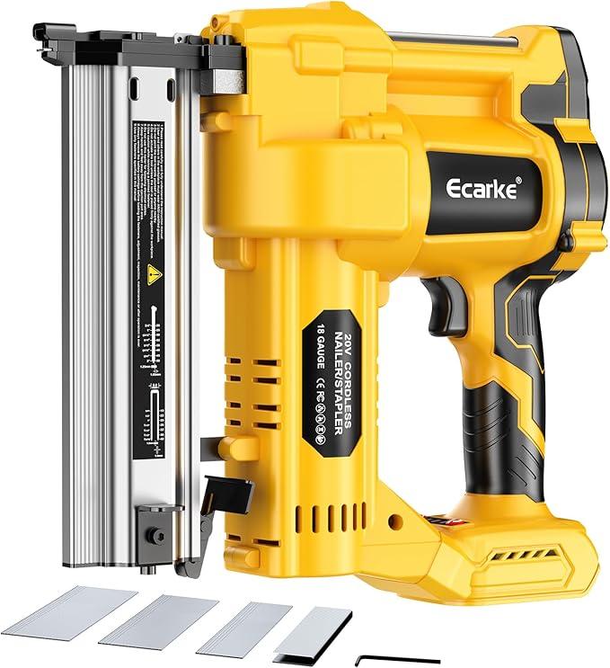 Cordless 2" Brad Nailer Compatible with DeWalt 20V Battery(No Battery), Ecarke 2 in 1 Electric Nail Gun Staple Gun with 18GA Nails/Staples, Battery Power Nail Gun for Trim Wood Crafting Home Carpentry
