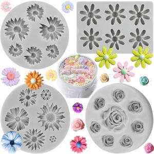 Sijiangmold Rose Flower Silicone Mold Daisy Chrysanthemum Fondant Molds Small Flower Chocolate Candy Molds For Cake Decorating Cupcake Topper Candy Polymer Clay Gum Paste Set Of 4