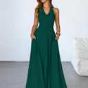 MEROKEETY Women's Formal Halter Maxi Dress 2026 Summer Backless Sleeveless V Neck Ruched Cocktail Wedding Guest Dresses (Green, M)