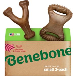 Benebone 2 Count (Pack of 1) Wishbone/Dental Durable Dog Chew Toys, Real Bacon, Made in USA, Small
