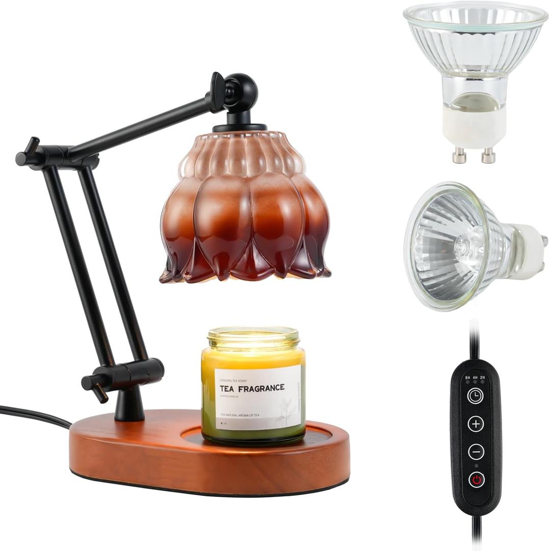 Candle Warmer Lamp With 2 Bulbs, Dimmable With Timer, 2H/4H/8H Timer, Adjustable Height & Heat, Electric Lamp Compatible With Large Jar Candle (Retro Brown)