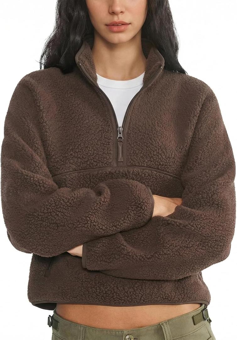 Yioaga Fleece Sweatshirts for Women Cropped Long Sleeve Half Zip Pullover Sherpa Jacket Warm Fuzzy Coats with Pockets(Brown,S)