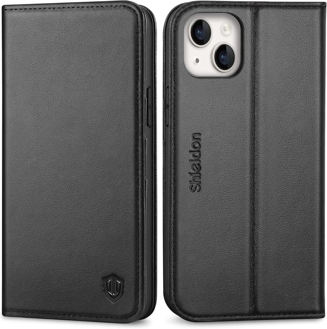 SHIELDON Case for iPhone 14 Plus 6.7", Genuine Leather Wallet Case with Kickstand RFID Blocking Card Slots Magnetic Shockproof Cover Compatible with iPhone 14 Plus 2022 - Black