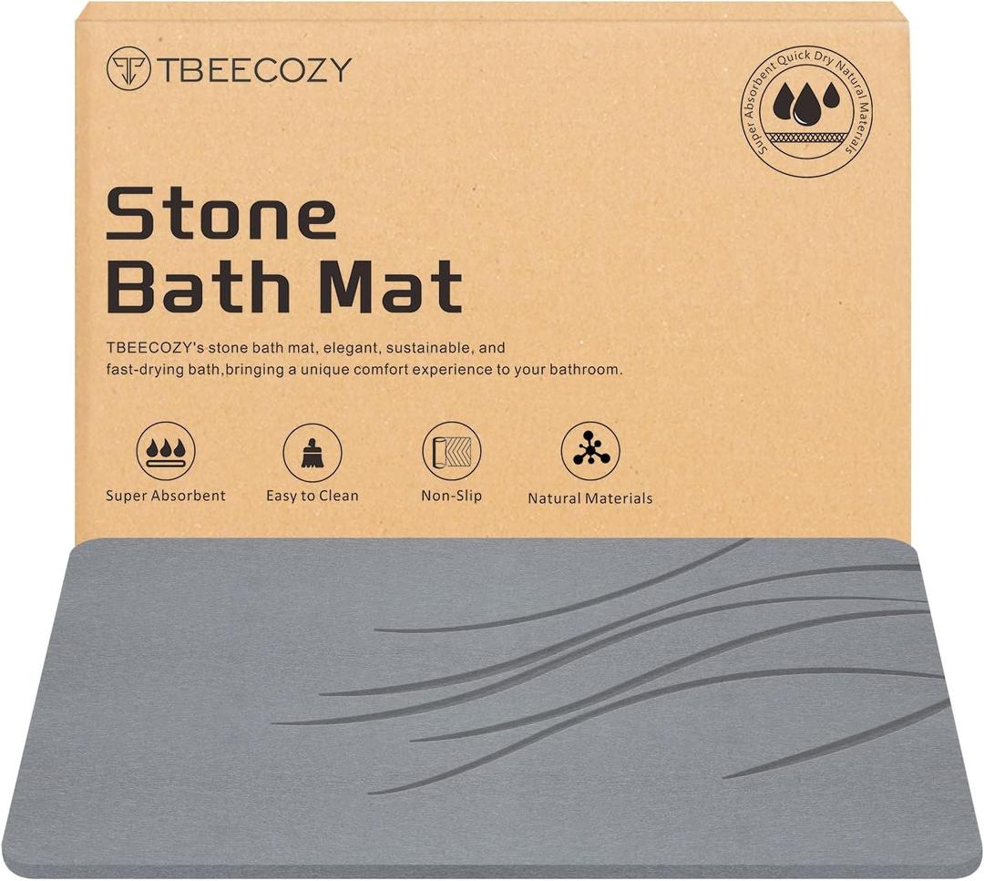 Stone Bath Mat, Diatomite Fast Drying Non Slip Stone Shower Mat, Super Absorbent for Bathroom & Kitchen, Multi-Use as Pet Mat, Easy to Clean 16"x24", Gray (Style 02-gray)