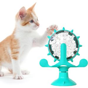 Interactive Cat Food Treats Dispenser Toy for Indoor Cats, 360 Rotating Windmill Suction Cup Toys for Small Pet, Puzzle Original Slow Dog Feeder Snack Distribution & Exercise Wheel Toy (Lake Blue)