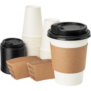 RACETOP 12 oz 50 pack Disposable Paper Coffee Cups with Lids and Sleeves (White)