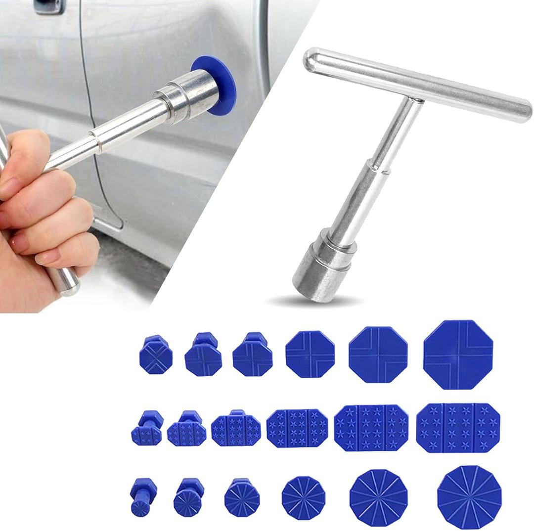 19 PCS Car Dent Repair Puller, 4.72" x 3.74" Body Collision Repair T-Shaped Puller Dent Separator Suction Cup Puller Kit, Paintless Hail Damage Repair Parts, for Most Cars (Blue & Silver)