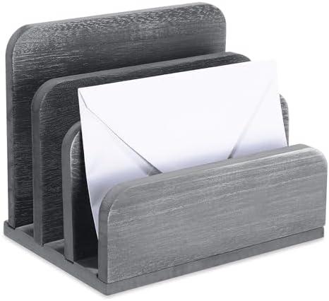 Briwooody Wooden Mail Organizer 3 Slots Mail Holder for Desk Wood File Paper Letter Holder for Letter Envelope Filing Cell Phone Document Storage, Organizer Tray for Office and Home(Grey)