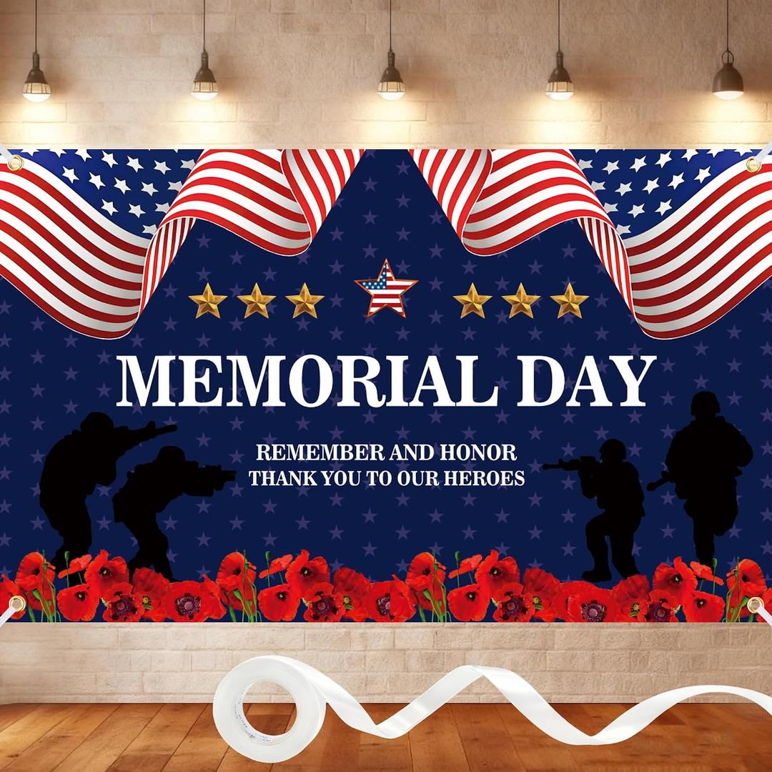 Memorial Day Banner 6x4FT Patriotic Backdrop with Ribbon, Polyester Memorial Day Decorations Banner with 4 Brass Grommets for Remember and Honor Party Photography Indoor Outdoor Decor