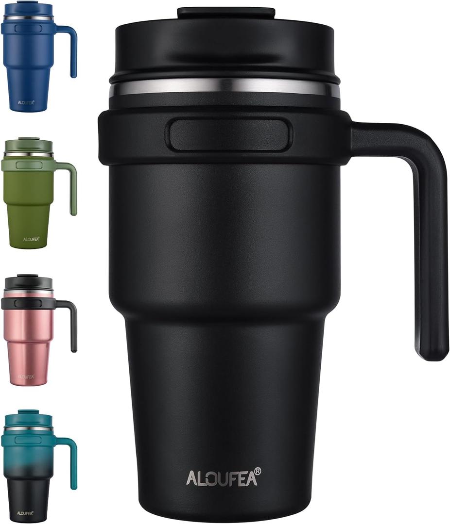 ALOUFEA 20 oz Insulated Coffee Mug Tumbler with Handle, Stainless Steel Travel Mug Tumbler with Lid and Straw,Double Wall Vacuum Leak Proof Ice Coffee Thermal Cup, Black (1 Count (Pack of 1)