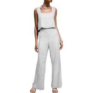 ROYLAMP Women's Summer 2 Piece Outfits Sleeveless Square Neck Tops Wide Leg Pants set Jumpsuit with Pockets (White, XL)