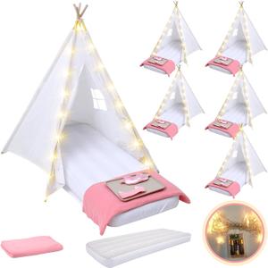 Windyun 6 Pack Kids Teepee Tent for Slumber Party Sleepover Tents for Girls Party with Air Mattress, Star Lights, Blankets Trays Sheets, Natural Cotton Toddler Play Teepee for Indoor Outdoor(White), 1.6 m height