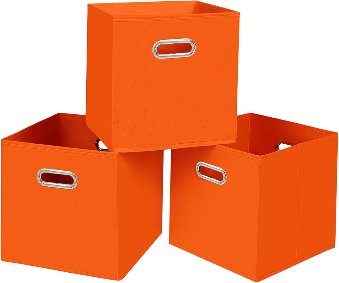 Black Fabric Cubby Storage Bins,13x13x13 Inches ,Cube Organizer Bin Foldable Storage Boxes with Dual Handles Fabric Organizer Box and collapsible Storage basket,Set of 3,Orange