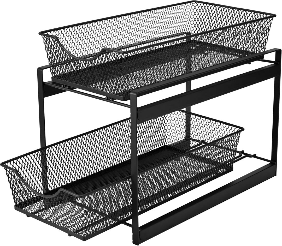 IBERG Under Sink Organizer - 2 Tier Versatile Mesh Metal Organizer, Ideal for Kitchen, Bathroom & Pantry Organization and Storage (Black)