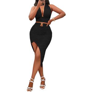 Adogirl Women Two Piece Skirt Outfits Sexy Halter V Neck Backless Crop Top Bodycon Irregular Skirt Set Night Out Dresses (Small, Black)