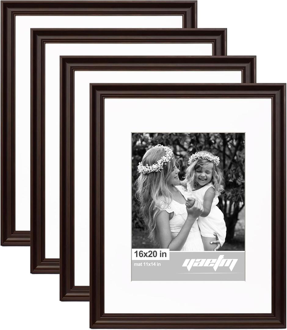 Yaetm 16x20 Picture Frame Matted to 11x14 Set of 4, 1.4" Wide Molding & Dark Brown Poster Frames 16 x 20 for Wall Gallery, Home and Office, Wall Mount (4 Pack, Brown)