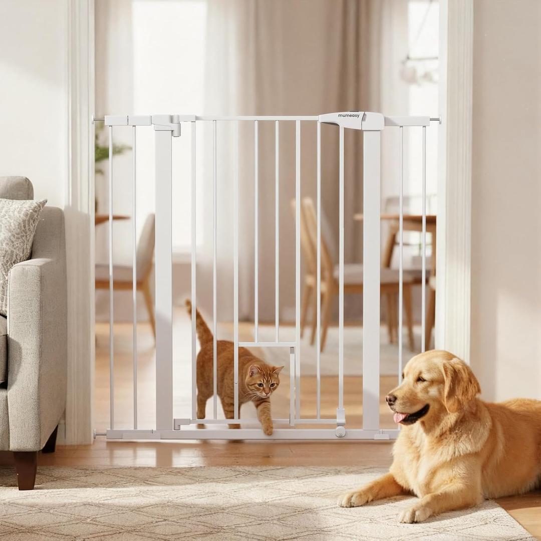Mumeasy 36" High Extra Tall Baby Gate with Cat Door, 29.6"-40.5" Wide Pressure Mounted Dog Gate with Small Pet Door, Auto Close Pet Gate for House,Stairs,Doorways,White